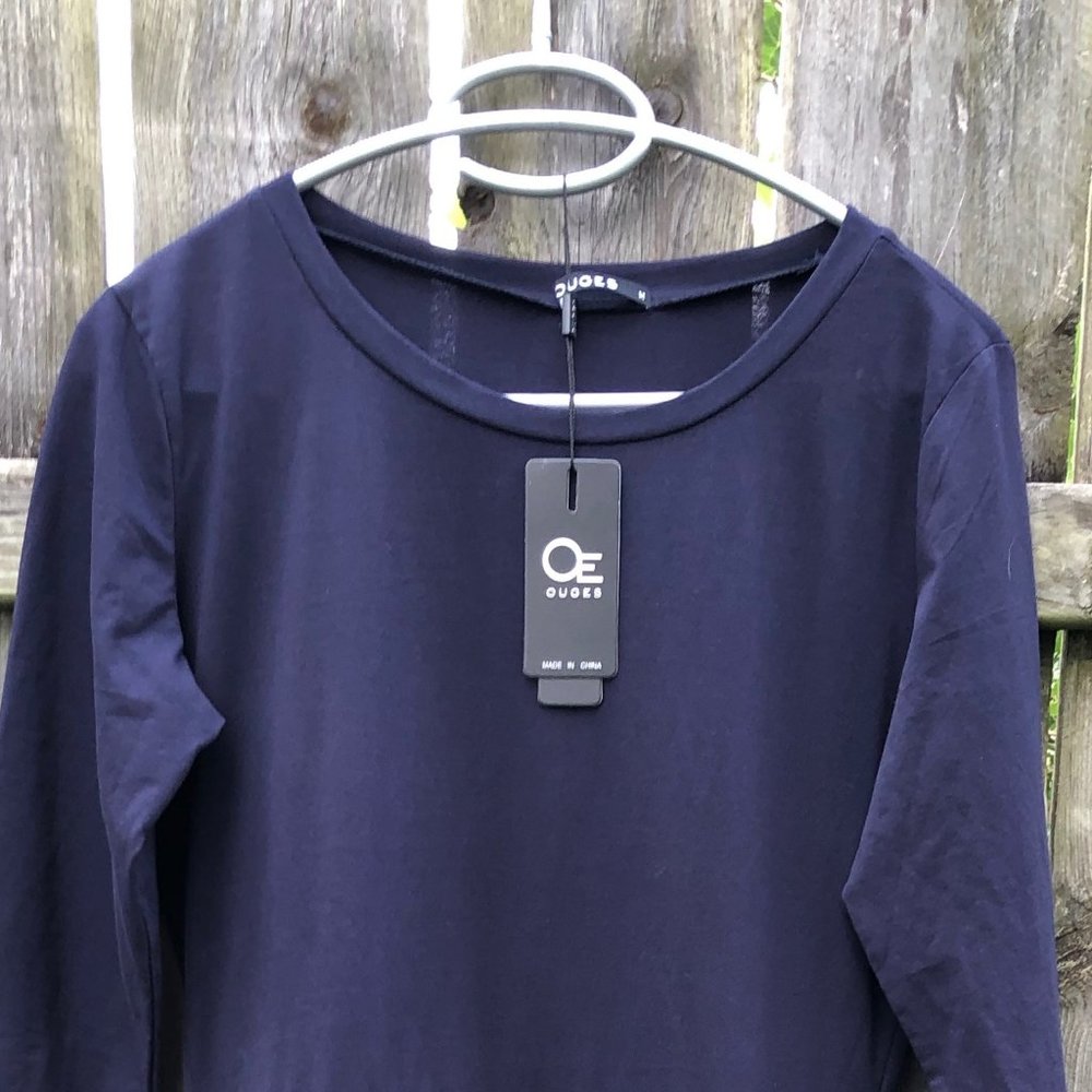 OUGES Navy 3/4 Sleeve Tee Shirt Cotton Shirtwaist Skater DRESS Never Worn M 8 10